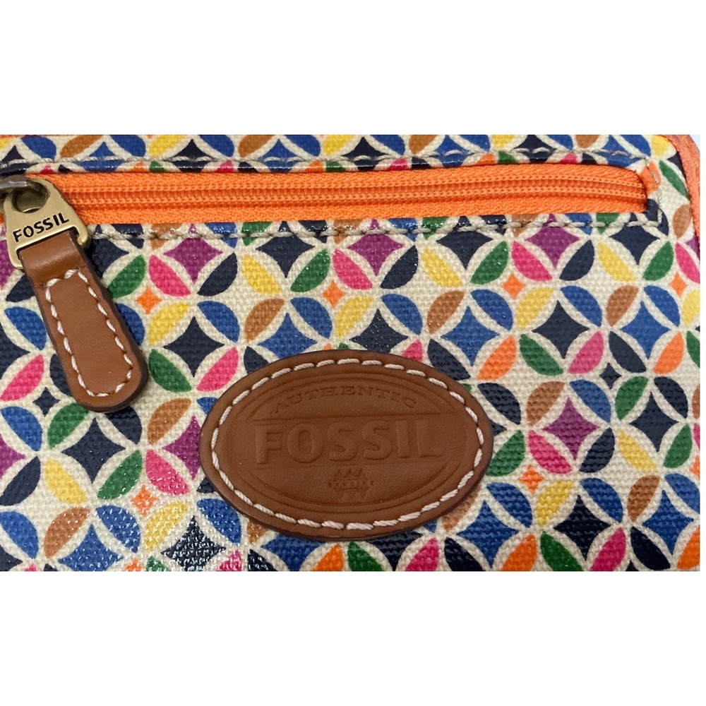 Fossil Multi-Color Geometric Zip Around Wallet Key Ring Small Boho Mosaic